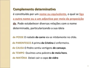 Complemento determinativo   é constituído por um  nome ou equivalente , o qual se  liga a outro nome ou a um adjectivo por meio da preposição  de . Pode estabelecer diversas relações com o nome determinado, particularizando a sua ideia de POSSE  O rodado  do carro  via-se nitidamente no chão. de PARENTESCO   A prima  da Cristina  é enfermeira. de CAUSA   O Pedro sentiu vertigens  de cansaço . de TEMPO   Ouvimos uma palestra  de meia hora . de MATÉRIA   Deixei cair o copo  de vidro 