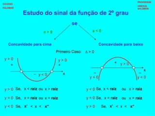 Estudo do sinal da função de 2º grau se Concavidade para cima Concavidade para baixo a > 0 a < 0 Primeiro Caso:    > 0 x + + + _ _ _ x y > 0 y > 0 y > 0 y < 0 y < 0 y < 0 y > 0 y < 0 y = 0 Se, x <  raiz x >  raiz ou Se, x =  raiz x =  raiz ou Se, <  x  < x’ x” y < 0 y > 0 y = 0 Se, x <  raiz x >  raiz ou Se, x =  raiz x =  raiz ou Se, <  x  < x’ x” COLEGIO PALOMAR PROFESSOR VINICIUS SALOMON 
