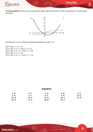 FUNÇÕES
8
19. (Unesp 2014) Os gráficos de duas funções f(x) e g(x), definidas de ℝ em ℝ, estão representados no mesmo plano
cartesiano.
No intervalo [– 4, 5], o conjunto solução da inequação f(x) g(x) 0
⋅ < é
a) {𝑥𝑥 ∈ ℝ/−1 < 𝑥𝑥 < 3}.
b) {𝑥𝑥 ∈ ℝ/−1 < 𝑥𝑥 < 0𝑜𝑜𝑜𝑜3 < 𝑥𝑥 ≤ 5}
c) {𝑥𝑥 ∈ ℝ/−4 ≤ 𝑥𝑥 < −1𝑜𝑜𝑜𝑜0 < 𝑥𝑥 < 3}.
d) {𝑥𝑥 ∈ ℝ/−4 < 𝑥𝑥 < 0}.
e) {𝑥𝑥 ∈ ℝ/−4 ≤ 𝑥𝑥 < −1𝑜𝑜𝑜𝑜3 < 𝑥𝑥 < 5}.
GABARITO
1 - B 2 - C 3 - D 4 - D 5 - D
6 - A 7 - C 8 - E 9 - B 10 - C
11 - A 12 - C 13 - B 14 - C 15 - D
16 - D 17 - A 18 - B 19 - C
 