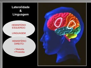 Lateralidade
&
Linguagem
HEMISFÉRIO
ESQUERDO:
LINGUAGEM
HEMISFÉRIO
DIREITO:
üMelodia
üProsódia
 