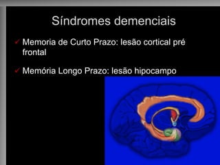 Síndromes demenciais
ü Memoria de Curto Prazo: lesão cortical pré
frontal
ü Memória Longo Prazo: lesão hipocampo
 