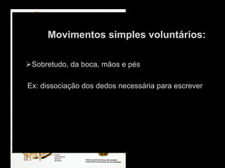 Movimentos simples voluntários:
ØSobretudo, da boca, mãos e pés
Ex: dissociação dos dedos necessária para escrever
 