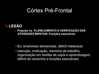 Córtex Pré-Frontal
ÄLESÃO
û Prejuízo no PLANEJAMENTO E VERIFICAÇÃO DAS
ATIVIDADES MENTAIS: Funções executivas
ûEx: síndromes demenciais, déficit intelectual
û(atenção, motivação, memória de trabalho,
organização em tarefas de cópia e aprendizagem,
déficit de raciocínio e funções executivas)
 