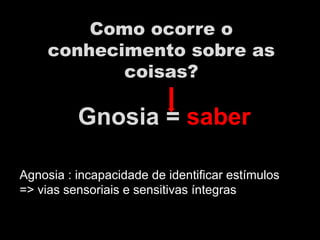 Como ocorre o
conhecimento sobre as
coisas?
Gnosia = saber
Agnosia : incapacidade de identificar estímulos
=> vias sensoriais e sensitivas íntegras
 