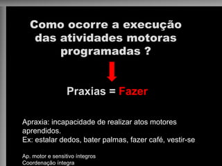 Como ocorre a execução
das atividades motoras
programadas ?
Praxias = Fazer
Apraxia: incapacidade de realizar atos motores
aprendidos.
Ex: estalar dedos, bater palmas, fazer café, vestir-se
Ap. motor e sensitivo íntegros
Coordenação íntegra
 