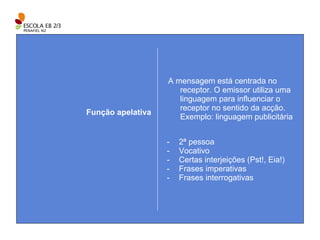 A mensagem está centrada no receptor. O emissor utiliza uma linguagem para influenciar o receptor no sentido da acção. Exemplo: linguagem publicitária Função apelativa 2ª pessoa Vocativo Certas interjeições (Pst!, Eia!) Frases imperativas Frases interrogativas 