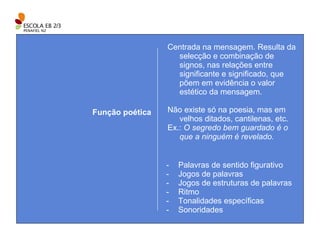 Centrada na mensagem. Resulta da selecção e combinação de signos, nas relações entre significante e significado, que põem em evidência o valor estético da mensagem. Não existe só na poesia, mas em velhos ditados, cantilenas, etc. Ex.:  O segredo bem guardado é o que a ninguém é revelado. Função poética Palavras de sentido figurativo Jogos de palavras Jogos de estruturas de palavras Ritmo Tonalidades específicas Sonoridades  
