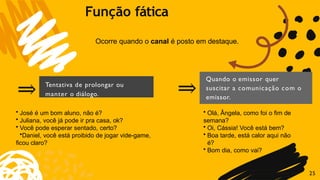 ⇒ Tentativa de prolongar ou
manter o diálogo. ⇒
Quando o emissor quer
suscitar a comunicação com o
emissor.
Ocorre quando o canal é posto em destaque.
25
Função fática
• José é um bom aluno, não é?
• Juliana, você já pode ir pra casa, ok?
• Você pode esperar sentado, certo?
•Daniel, você está proibido de jogar vide-game,
ficou claro?
• Olá, Ângela, como foi o fim de
semana?
• Oi, Cássia! Você está bem?
• Boa tarde, está calor aqui não
é?
• Bom dia, como vai?
 