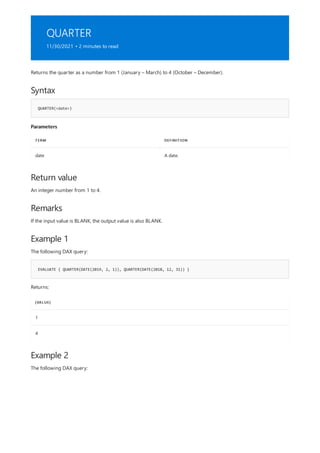 QUARTER
11/30/2021 • 2 minutes to read
Syntax
QUARTER(<date>)
Parameters
TERM DEFINITION
date A date.
Return value
Remarks
Example 1
EVALUATE { QUARTER(DATE(2019, 2, 1)), QUARTER(DATE(2018, 12, 31)) }
[VALUE]
1
4
Example 2
Returns the quarter as a number from 1 (January – March) to 4 (October – December).
An integer number from 1 to 4.
If the input value is BLANK, the output value is also BLANK.
The following DAX query:
Returns:
The following DAX query:
 