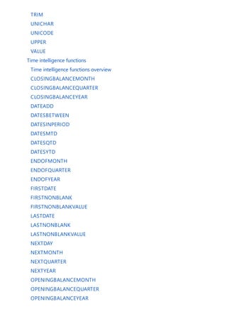 TRIM
UNICHAR
UNICODE
UPPER
VALUE
Time intelligence functions
Time intelligence functions overview
CLOSINGBALANCEMONTH
CLOSINGBALANCEQUARTER
CLOSINGBALANCEYEAR
DATEADD
DATESBETWEEN
DATESINPERIOD
DATESMTD
DATESQTD
DATESYTD
ENDOFMONTH
ENDOFQUARTER
ENDOFYEAR
FIRSTDATE
FIRSTNONBLANK
FIRSTNONBLANKVALUE
LASTDATE
LASTNONBLANK
LASTNONBLANKVALUE
NEXTDAY
NEXTMONTH
NEXTQUARTER
NEXTYEAR
OPENINGBALANCEMONTH
OPENINGBALANCEQUARTER
OPENINGBALANCEYEAR
 