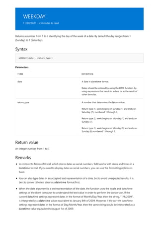 WEEKDAY
11/30/2021 • 2 minutes to read
Syntax
WEEKDAY(<date>, <return_type>)
Parameters
TERM DEFINITION
date A date in datetime format.
Dates should be entered by using the DATE function, by
using expressions that result in a date, or as the result of
other formulas.
return_type A number that determines the Return value:
Return type: 1, week begins on Sunday (1) and ends on
Saturday (7). numbered 1 through 7.
Return type: 2, week begins on Monday (1) and ends on
Sunday (7).
Return type: 3, week begins on Monday (0) and ends on
Sunday (6).numbered 1 through 7.
Return value
Remarks
Returns a number from 1 to 7 identifying the day of the week of a date. By default the day ranges from 1
(Sunday) to 7 (Saturday).
An integer number from 1 to 7.
In contrast to Microsoft Excel, which stores dates as serial numbers, DAX works with dates and times in a
datetime format. If you need to display dates as serial numbers, you can use the formatting options in
Excel.
You can also type dates in an accepted text representation of a date, but to avoid unexpected results, it is
best to convert the text date to a datetime format first.
When the date argument is a text representation of the date, the function uses the locale and date/time
settings of the client computer to understand the text value in order to perform the conversion. If the
current date/time settings represent dates in the format of Month/Day/Year, then the string, "1/8/2009",
is interpreted as a datetime value equivalent to January 8th of 2009. However, if the current date/time
settings represent dates in the format of Day/Month/Year, then the same string would be interpreted as a
datetime value equivalent to August 1st of 2009.
 