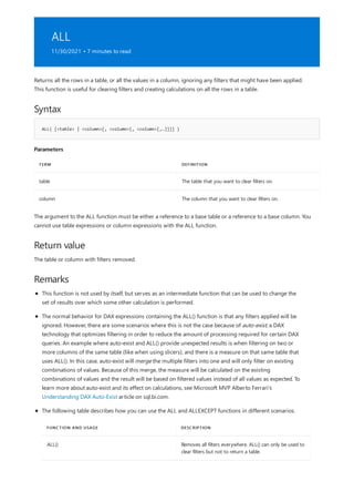 ALL
11/30/2021 • 7 minutes to read
Syntax
ALL( [<table> | <column>[, <column>[, <column>[,…]]]] )
Parameters
TERM DEFINITION
table The table that you want to clear filters on.
column The column that you want to clear filters on.
Return value
Remarks
Returns all the rows in a table, or all the values in a column, ignoring any filters that might have been applied.
This function is useful for clearing filters and creating calculations on all the rows in a table.
The argument to the ALL function must be either a reference to a base table or a reference to a base column. You
cannot use table expressions or column expressions with the ALL function.
The table or column with filters removed.
FUNCTION AND USAGE DESCRIPTION
ALL() Removes all filters everywhere. ALL() can only be used to
clear filters but not to return a table.
This function is not used by itself, but serves as an intermediate function that can be used to change the
set of results over which some other calculation is performed.
The normal behavior for DAX expressions containing the ALL() function is that any filters applied will be
ignored. However, there are some scenarios where this is not the case because of auto-exist, a DAX
technology that optimizes filtering in order to reduce the amount of processing required for certain DAX
queries. An example where auto-exist and ALL() provide unexpected results is when filtering on two or
more columns of the same table (like when using slicers), and there is a measure on that same table that
uses ALL(). In this case, auto-exist will merge the multiple filters into one and will only filter on existing
combinations of values. Because of this merge, the measure will be calculated on the existing
combinations of values and the result will be based on filtered values instead of all values as expected. To
learn more about auto-exist and its effect on calculations, see Microsoft MVP Alberto Ferrari's
Understanding DAX Auto-Exist article on sql.bi.com.
The following table describes how you can use the ALL and ALLEXCEPT functions in different scenarios.
 