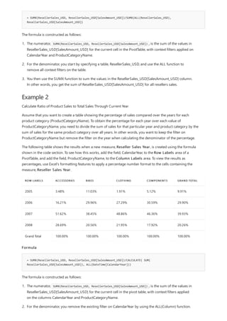 = SUMX(ResellerSales_USD, ResellerSales_USD[SalesAmount_USD])/SUMX(ALL(ResellerSales_USD),
ResellerSales_USD[SalesAmount_USD])
Example 2
ROW LABELS ACCESSORIES BIKES CLOTHING COMPONENTS GRAND TOTAL
2005 3.48% 11.03% 1.91% 5.12% 9.91%
2006 16.21% 29.96% 27.29% 30.59% 29.90%
2007 51.62% 38.45% 48.86% 46.36% 39.93%
2008 28.69% 20.56% 21.95% 17.92% 20.26%
Grand Total 100.00% 100.00% 100.00% 100.00% 100.00%
= SUMX(ResellerSales_USD, ResellerSales_USD[SalesAmount_USD])/CALCULATE( SUM(
ResellerSales_USD[SalesAmount_USD]), ALL(DateTime[CalendarYear]))
The formula is constructed as follows:
1. The numerator, SUMX(ResellerSales_USD, ResellerSales_USD[SalesAmount_USD]) , is the sum of the values in
ResellerSales_USD[SalesAmount_USD] for the current cell in the PivotTable, with context filters applied on
CalendarYear and ProductCategoryName.
2. For the denominator, you start by specifying a table, ResellerSales_USD, and use the ALL function to
remove all context filters on the table.
3. You then use the SUMX function to sum the values in the ResellerSales_USD[SalesAmount_USD] column.
In other words, you get the sum of ResellerSales_USD[SalesAmount_USD] for all resellers sales.
Calculate Ratio of Product Sales to Total Sales Through Current Year
Assume that you want to create a table showing the percentage of sales compared over the years for each
product category (ProductCategoryName). To obtain the percentage for each year over each value of
ProductCategoryName, you need to divide the sum of sales for that particular year and product category by the
sum of sales for the same product category over all years. In other words, you want to keep the filter on
ProductCategoryName but remove the filter on the year when calculating the denominator of the percentage.
The following table shows the results when a new measure, Reseller Sales Year, is created using the formula
shown in the code section. To see how this works, add the field, CalendarYear, to the Row Labels area of a
PivotTable, and add the field, ProductCategoryName, to the Column Labels area. To view the results as
percentages, use Excel's formatting features to apply a percentage number format to the cells containing the
measure, Reseller Sales Year.
Formula
The formula is constructed as follows:
1. The numerator, SUMX(ResellerSales_USD, ResellerSales_USD[SalesAmount_USD]) , is the sum of the values in
ResellerSales_USD[SalesAmount_USD] for the current cell in the pivot table, with context filters applied
on the columns CalendarYear and ProductCategoryName.
2. For the denominator, you remove the existing filter on CalendarYear by using the ALL(Column) function.
 