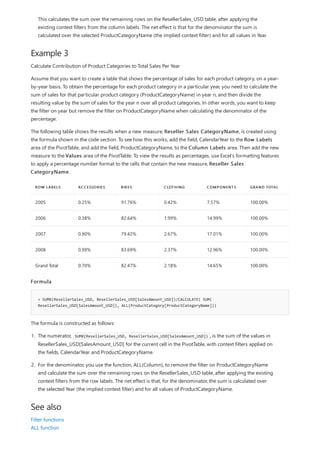 Example 3
ROW LABELS ACCESSORIES BIKES CLOTHING COMPONENTS GRAND TOTAL
2005 0.25% 91.76% 0.42% 7.57% 100.00%
2006 0.38% 82.64% 1.99% 14.99% 100.00%
2007 0.90% 79.42% 2.67% 17.01% 100.00%
2008 0.99% 83.69% 2.37% 12.96% 100.00%
Grand Total 0.70% 82.47% 2.18% 14.65% 100.00%
= SUMX(ResellerSales_USD, ResellerSales_USD[SalesAmount_USD])/CALCULATE( SUM(
ResellerSales_USD[SalesAmount_USD]), ALL(ProductCategory[ProductCategoryName]))
See also
This calculates the sum over the remaining rows on the ResellerSales_USD table, after applying the
existing context filters from the column labels. The net effect is that for the denominator the sum is
calculated over the selected ProductCategoryName (the implied context filter) and for all values in Year.
Calculate Contribution of Product Categories to Total Sales Per Year
Assume that you want to create a table that shows the percentage of sales for each product category, on a year-
by-year basis. To obtain the percentage for each product category in a particular year, you need to calculate the
sum of sales for that particular product category (ProductCategoryName) in year n, and then divide the
resulting value by the sum of sales for the year n over all product categories. In other words, you want to keep
the filter on year but remove the filter on ProductCategoryName when calculating the denominator of the
percentage.
The following table shows the results when a new measure, Reseller Sales CategoryName, is created using
the formula shown in the code section. To see how this works, add the field, CalendarYear to the Row Labels
area of the PivotTable, and add the field, ProductCategoryName, to the Column Labels area. Then add the new
measure to the Values area of the PivotTable. To view the results as percentages, use Excel's formatting features
to apply a percentage number format to the cells that contain the new measure, Reseller Sales
CategoryName.
Formula
The formula is constructed as follows:
1. The numerator, SUMX(ResellerSales_USD, ResellerSales_USD[SalesAmount_USD]) , is the sum of the values in
ResellerSales_USD[SalesAmount_USD] for the current cell in the PivotTable, with context filters applied on
the fields, CalendarYear and ProductCategoryName.
2. For the denominator, you use the function, ALL(Column), to remove the filter on ProductCategoryName
and calculate the sum over the remaining rows on the ResellerSales_USD table, after applying the existing
context filters from the row labels. The net effect is that, for the denominator, the sum is calculated over
the selected Year (the implied context filter) and for all values of ProductCategoryName.
Filter functions
ALL function
 