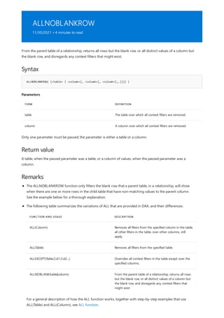 ALLNOBLANKROW
11/30/2021 • 4 minutes to read
Syntax
ALLNOBLANKROW( {<table> | <column>[, <column>[, <column>[,…]]]} )
Parameters
TERM DEFINITION
table The table over which all context filters are removed.
column A column over which all context filters are removed.
Return value
Remarks
From the parent table of a relationship, returns all rows but the blank row, or all distinct values of a column but
the blank row, and disregards any context filters that might exist.
Only one parameter must be passed; the parameter is either a table or a column.
A table, when the passed parameter was a table, or a column of values, when the passed parameter was a
column.
FUNCTION AND USAGE DESCRIPTION
ALL(Column) Removes all filters from the specified column in the table;
all other filters in the table, over other columns, still
apply.
ALL(Table) Removes all filters from the specified table.
ALLEXCEPT(Table,Col1,Col2...) Overrides all context filters in the table except over the
specified columns.
ALLNOBLANK(table|column) From the parent table of a relationship, returns all rows
but the blank row, or all distinct values of a column but
the blank row, and disregards any context filters that
might exist
The ALLNOBLANKROW function only filters the blank row that a parent table, in a relationship, will show
when there are one or more rows in the child table that have non-matching values to the parent column.
See the example below for a thorough explanation.
The following table summarizes the variations of ALL that are provided in DAX, and their differences:
For a general description of how the ALL function works, together with step-by-step examples that use
ALL(Table) and ALL(Column), see ALL function.
 