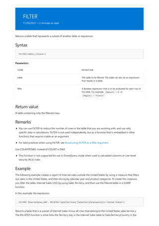 FILTER
11/30/2021 • 2 minutes to read
Syntax
FILTER(<table>,<filter>)
Parameters
TERM DEFINITION
table The table to be filtered. The table can also be an expression
that results in a table.
filter A Boolean expression that is to be evaluated for each row of
the table. For example, [Amount] > 0 or
[Region] = "France"
Return value
Remarks
Example
FILTER('InternetSales_USD', RELATED('SalesTerritory'[SalesTerritoryCountry])<>"United States")
Returns a table that represents a subset of another table or expression.
A table containing only the filtered rows.
You can use FILTER to reduce the number of rows in the table that you are working with, and use only
specific data in calculations. FILTER is not used independently, but as a function that is embedded in other
functions that require a table as an argument.
For best practices when using FILTER, see Avoid using FILTER as a filter argument.
Use COUNTROWS instead of COUNT in DAX
This function is not supported for use in DirectQuery mode when used in calculated columns or row-level
security (RLS) rules.
The following example creates a report of Internet sales outside the United States by using a measure that filters
out sales in the United States, and then slicing by calendar year and product categories. To create this measure,
you filter the table, Internet Sales USD, by using Sales Territory, and then use the filtered table in a SUMX
function.
In this example, the expression:
Returns a table that is a subset of Internet Sales minus all rows that belong to the United States sales territory.
The RELATED function is what links the Territory key in the Internet Sales table to SalesTerritoryCountry in the
 