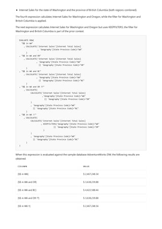 EVALUATE ROW(
"$$ in WA"
, CALCULATE('Internet Sales'[Internet Total Sales]
, 'Geography'[State Province Code]="WA"
)
, "$$ in WA and OR"
, CALCULATE('Internet Sales'[Internet Total Sales]
, 'Geography'[State Province Code]="WA"
|| 'Geography'[State Province Code]="OR"
)
, "$$ in WA and BC"
, CALCULATE('Internet Sales'[Internet Total Sales]
, 'Geography'[State Province Code]="WA"
|| 'Geography'[State Province Code]="BC"
)
, "$$ in WA and OR ??"
, CALCULATE(
CALCULATE('Internet Sales'[Internet Total Sales]
,'Geography'[State Province Code]="WA"
|| 'Geography'[State Province Code]="OR"
)
, 'Geography'[State Province Code]="WA"
|| 'Geography'[State Province Code]="BC"
)
, "$$ in WA !!"
, CALCULATE(
CALCULATE('Internet Sales'[Internet Total Sales]
, KEEPFILTERS('Geography'[State Province Code]="WA"
|| 'Geography'[State Province Code]="OR"
)
)
, 'Geography'[State Province Code]="WA"
|| 'Geography'[State Province Code]="BC"
)
)
COLUMN VALUE
[$$ in WA] $ 2,467,248.34
[$$ in WA and OR] $ 3,638,239.88
[$$ in WA and BC] $ 4,422,588.44
[$$ in WA and OR ??] $ 3,638,239.88
[$$ in WA !!] $ 2,467,248.34
Internet Sales for the state of Washington and the province of British Columbia (both regions combined).
The fourth expression calculates Internet Sales for Washington and Oregon, while the filter for Washington and
British Columbia is applied.
The next expression calculates Internet Sales for Washington and Oregon but uses KEEPFILTERS; the filter for
Washington and British Columbia is part of the prior context.
When this expression is evaluated against the sample database AdventureWorks DW, the following results are
obtained.
 