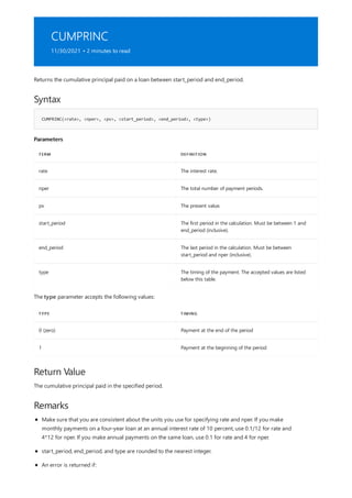 CUMPRINC
11/30/2021 • 2 minutes to read
Syntax
CUMPRINC(<rate>, <nper>, <pv>, <start_period>, <end_period>, <type>)
Parameters
TERM DEFINITION
rate The interest rate.
nper The total number of payment periods.
pv The present value.
start_period The first period in the calculation. Must be between 1 and
end_period (inclusive).
end_period The last period in the calculation. Must be between
start_period and nper (inclusive).
type The timing of the payment. The accepted values are listed
below this table.
TYPE TIMING
0 (zero) Payment at the end of the period
1 Payment at the beginning of the period
Return Value
Remarks
Returns the cumulative principal paid on a loan between start_period and end_period.
The type parameter accepts the following values:
The cumulative principal paid in the specified period.
Make sure that you are consistent about the units you use for specifying rate and nper. If you make
monthly payments on a four-year loan at an annual interest rate of 10 percent, use 0.1/12 for rate and
4*12 for nper. If you make annual payments on the same loan, use 0.1 for rate and 4 for nper.
start_period, end_period, and type are rounded to the nearest integer.
An error is returned if:
 