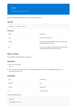 SLN
11/30/2021 • 2 minutes to read
Syntax
SLN(<cost>, <salvage>, <life>)
Parameters
TERM DEFINITION
cost The initial cost of the asset.
salvage The value at the end of the depreciation (sometimes called
the salvage value of the asset).
life The number of periods over which the asset is depreciated
(sometimes called the useful life of the asset).
Return Value
Remarks
Example
DATA DESCRIPTION
$30,000 Cost
$7,500 Salvage value
10 Years of useful life
EVALUATE
{
SLN(30000, 7500, 10)
}
Returns the straight-line depreciation of an asset for one period.
The straight-line depreciation for one period.
An error is returned if:
life = 0.
This function is not supported for use in DirectQuery mode when used in calculated columns or row-
level security (RLS) rules.
The following DAX query:
 