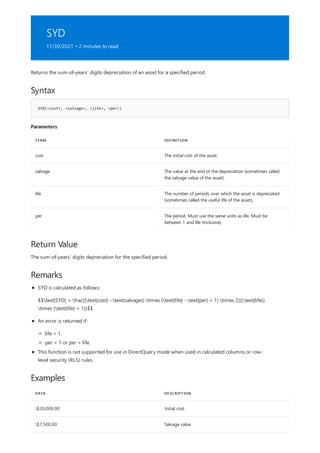 SYD
11/30/2021 • 2 minutes to read
Syntax
SYD(<cost>, <salvage>, <life>, <per>)
Parameters
TERM DEFINITION
cost The initial cost of the asset.
salvage The value at the end of the depreciation (sometimes called
the salvage value of the asset).
life The number of periods over which the asset is depreciated
(sometimes called the useful life of the asset).
per The period. Must use the same units as life. Must be
between 1 and life (inclusive).
Return Value
Remarks
Examples
DATA DESCRIPTION
$30,000.00 Initial cost
$7,500.00 Salvage value
Returns the sum-of-years' digits depreciation of an asset for a specified period.
The sum-of-years' digits depreciation for the specified period.
SYD is calculated as follows:
$$text{SYD} = frac{(text{cost} - text{salvage}) times (text{life} - text{per} + 1) times 2}{(text{life})
times (text{life} + 1)}$$
An error is returned if:
life < 1.
per < 1 or per > life.
This function is not supported for use in DirectQuery mode when used in calculated columns or row-
level security (RLS) rules.
 