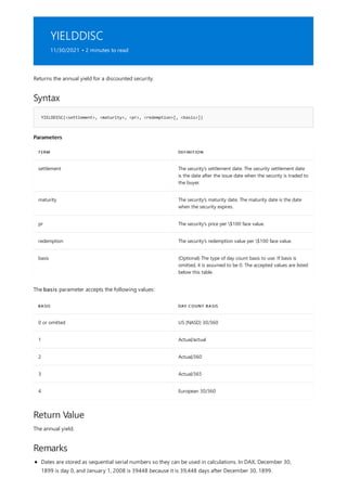 YIELDDISC
11/30/2021 • 2 minutes to read
Syntax
YIELDDISC(<settlement>, <maturity>, <pr>, <redemption>[, <basis>])
Parameters
TERM DEFINITION
settlement The security's settlement date. The security settlement date
is the date after the issue date when the security is traded to
the buyer.
maturity The security's maturity date. The maturity date is the date
when the security expires.
pr The security's price per $100 face value.
redemption The security's redemption value per $100 face value.
basis (Optional) The type of day count basis to use. If basis is
omitted, it is assumed to be 0. The accepted values are listed
below this table.
BASIS DAY COUNT BASIS
0 or omitted US (NASD) 30/360
1 Actual/actual
2 Actual/360
3 Actual/365
4 European 30/360
Return Value
Remarks
Returns the annual yield for a discounted security.
The basis parameter accepts the following values:
The annual yield.
Dates are stored as sequential serial numbers so they can be used in calculations. In DAX, December 30,
1899 is day 0, and January 1, 2008 is 39448 because it is 39,448 days after December 30, 1899.
 
