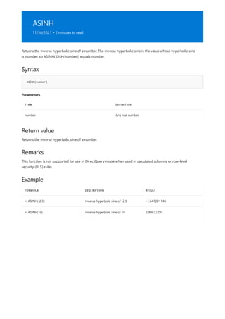 ASINH
11/30/2021 • 2 minutes to read
Syntax
ASINH(number)
Parameters
TERM DEFINITION
number Any real number.
Return value
Remarks
Example
FORMULA DESCRIPTION RESULT
= ASINH(-2.5) Inverse hyperbolic sine of -2.5 -1.647231146
= ASINH(10) Inverse hyperbolic sine of 10 2.99822295
Returns the inverse hyperbolic sine of a number. The inverse hyperbolic sine is the value whose hyperbolic sine
is number, so ASINH(SINH(number)) equals number.
Returns the inverse hyperbolic sine of a number.
This function is not supported for use in DirectQuery mode when used in calculated columns or row-level
security (RLS) rules.
 
