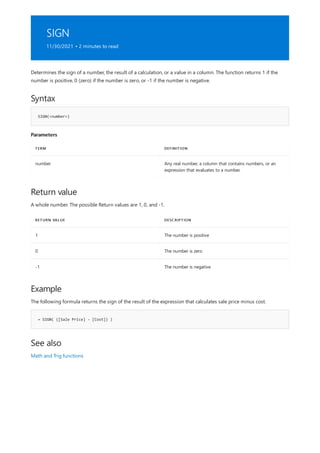 SIGN
11/30/2021 • 2 minutes to read
Syntax
SIGN(<number>)
Parameters
TERM DEFINITION
number Any real number, a column that contains numbers, or an
expression that evaluates to a number.
Return value
RETURN VALUE DESCRIPTION
1 The number is positive
0 The number is zero
-1 The number is negative
Example
= SIGN( ([Sale Price] - [Cost]) )
See also
Determines the sign of a number, the result of a calculation, or a value in a column. The function returns 1 if the
number is positive, 0 (zero) if the number is zero, or -1 if the number is negative.
A whole number. The possible Return values are 1, 0, and -1.
The following formula returns the sign of the result of the expression that calculates sale price minus cost.
Math and Trig functions
 
