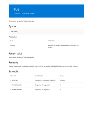 TAN
11/30/2021 • 2 minutes to read
Syntax
TAN(number)
Parameters
TERM DEFINITION
number Required. The angle in radians for which you want the
tangent.
Return value
Remarks
Example
FORMULA DESCRIPTION RESULT
= TAN(0.785) Tangent of 0.785 radians (0.99920) 0.99920
= TAN(45*PI()/180) Tangent of 45 degrees (1) 1
= TAN(RADIANS(45)) Tangent of 45 degrees (1) 1
Returns the tangent of the given angle.
Returns the tangent of the given angle.
If your argument is in degrees, multiply it by PI()/180 or use the RADIANS function to convert it to radians.
 