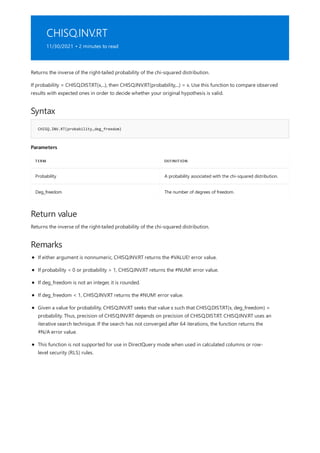 CHISQ.INV.RT
11/30/2021 • 2 minutes to read
Syntax
CHISQ.INV.RT(probability,deg_freedom)
Parameters
TERM DEFINITION
Probability A probability associated with the chi-squared distribution.
Deg_freedom The number of degrees of freedom.
Return value
Remarks
Returns the inverse of the right-tailed probability of the chi-squared distribution.
If probability = CHISQ.DIST.RT(x,...), then CHISQ.INV.RT(probability,...) = x. Use this function to compare observed
results with expected ones in order to decide whether your original hypothesis is valid.
Returns the inverse of the right-tailed probability of the chi-squared distribution.
If either argument is nonnumeric, CHISQ.INV.RT returns the #VALUE! error value.
If probability < 0 or probability > 1, CHISQ.INV.RT returns the #NUM! error value.
If deg_freedom is not an integer, it is rounded.
If deg_freedom < 1, CHISQ.INV.RT returns the #NUM! error value.
Given a value for probability, CHISQ.INV.RT seeks that value x such that CHISQ.DIST.RT(x, deg_freedom) =
probability. Thus, precision of CHISQ.INV.RT depends on precision of CHISQ.DIST.RT. CHISQ.INV.RT uses an
iterative search technique. If the search has not converged after 64 iterations, the function returns the
#N/A error value.
This function is not supported for use in DirectQuery mode when used in calculated columns or row-
level security (RLS) rules.
 