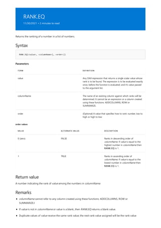 RANK.EQ
11/30/2021 • 2 minutes to read
Syntax
RANK.EQ(<value>, <columnName>[, <order>])
Parameters
TERM DEFINITION
value Any DAX expression that returns a single scalar value whose
rank is to be found. The expression is to be evaluated exactly
once, before the function is evaluated, and it's value passed
to the argument list.
columnName The name of an existing column against which ranks will be
determined. It cannot be an expression or a column created
using these functions: ADDCOLUMNS, ROW or
SUMMARIZE.
order (Optional) A value that specifies how to rank number, low to
high or high to low:
order values
VALUE ALTERNATE VALUE DESCRIPTION
0 (zero) FALSE Ranks in descending order of
columnName. If value is equal to the
highest number in columnName then
RANK.EQ is 1.
1 TRUE Ranks in ascending order of
columnName. If value is equal to the
lowest number in columnName then
RANK.EQ is 1.
Return value
Remarks
Returns the ranking of a number in a list of numbers.
A number indicating the rank of value among the numbers in columnName.
columnName cannot refer to any column created using these functions: ADDCOLUMNS, ROW or
SUMMARIZE.I
If value is not in columnName or value is a blank, then RANK.EQ returns a blank value.
Duplicate values of value receive the same rank value; the next rank value assigned will be the rank value
 
