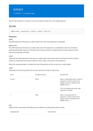 RANKX
11/30/2021 • 2 minutes to read
Syntax
RANKX(<table>, <expression>[, <value>[, <order>[, <ties>]]])
Parameters
VALUE ALTERNATE VALUE DESCRIPTION
0 (zero) FALSE Ranks in descending order of values of
expression. If value is equal to the
highest number in expression then
RANKX returns 1.
This is the default value when order
parameter is omitted.
1 TRUE Ranks in ascending order of
expression. If value is equal to the
lowest number in expression then
RANKX returns 1.
ENUMERATION DESCRIPTION
Returns the ranking of a number in a list of numbers for each row in the table argument.
table
Any DAX expression that returns a table of data over which the expression is evaluated.
expression
Any DAX expression that returns a single scalar value. The expression is evaluated for each row of table, to
generate all possible values for ranking. See the remarks section to understand the function behavior when
expression evaluates to BLANK.
value
(Optional) Any DAX expression that returns a single scalar value whose rank is to be found. See the remarks
section to understand the function's behavior when value is not found in the expression.
When the value parameter is omitted, the value of expression at the current row is used instead.
order
(Optional) A value that specifies how to rank value, low to high or high to low:
ties
(Optional) An enumeration that defines how to determine ranking when there are ties.
 