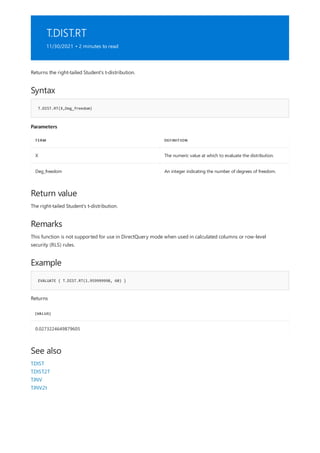 T.DIST.RT
11/30/2021 • 2 minutes to read
Syntax
T.DIST.RT(X,Deg_freedom)
Parameters
TERM DEFINITION
X The numeric value at which to evaluate the distribution.
Deg_freedom An integer indicating the number of degrees of freedom.
Return value
Remarks
Example
EVALUATE { T.DIST.RT(1.959999998, 60) }
[VALUE]
0.0273224649879605
See also
Returns the right-tailed Student's t-distribution.
The right-tailed Student's t-distribution.
This function is not supported for use in DirectQuery mode when used in calculated columns or row-level
security (RLS) rules.
Returns
T.DIST
T.DIST.2T
T.INV
T.INV.2t
 
