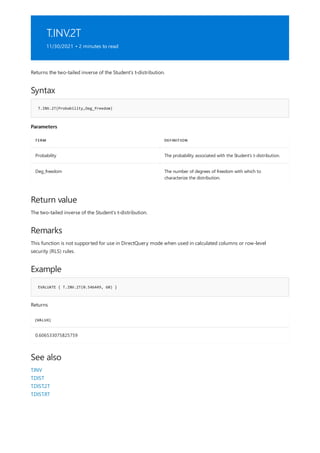T.INV.2T
11/30/2021 • 2 minutes to read
Syntax
T.INV.2T(Probability,Deg_freedom)
Parameters
TERM DEFINITION
Probability The probability associated with the Student's t-distribution.
Deg_freedom The number of degrees of freedom with which to
characterize the distribution.
Return value
Remarks
Example
EVALUATE { T.INV.2T(0.546449, 60) }
[VALUE]
0.606533075825759
See also
Returns the two-tailed inverse of the Student's t-distribution.
The two-tailed inverse of the Student's t-distribution.
This function is not supported for use in DirectQuery mode when used in calculated columns or row-level
security (RLS) rules.
Returns
T.INV
T.DIST
T.DIST.2T
T.DIST.RT
 