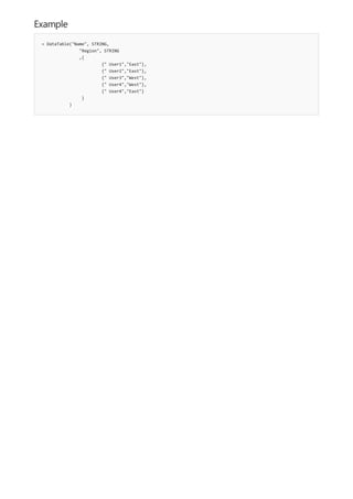 Example
= DataTable("Name", STRING,
"Region", STRING
,{
{" User1","East"},
{" User2","East"},
{" User3","West"},
{" User4","West"},
{" User4","East"}
}
)
 