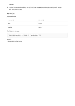 Example
FIRSTNAME LASTNAME
Alan Brewer
Michael Blythe
CONCATENATEX(Employees, [FirstName] & " " & [LastName], ",")
specified.
This function is not supported for use in DirectQuery mode when used in calculated columns or row-
level security (RLS) rules.
Employees table
The following formula:
Returns:
"Alan Brewer, Michael Blythe"
 