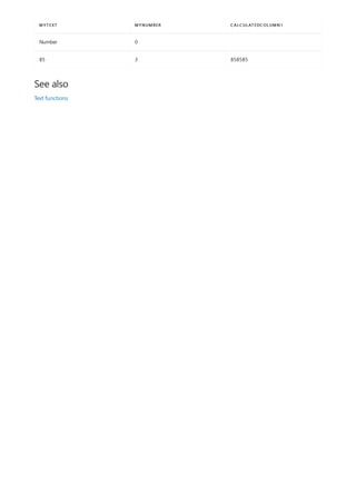Number 0
85 3 858585
MYTEXT MYNUMBER CALCULATEDCOLUMN1
See also
Text functions
 