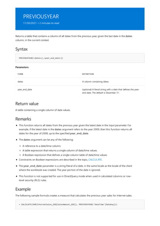 PREVIOUSYEAR
11/30/2021 • 2 minutes to read
Syntax
PREVIOUSYEAR(<dates>[,<year_end_date>])
Parameters
TERM DEFINITION
dates A column containing dates.
year_end_date (optional) A literal string with a date that defines the year-
end date. The default is December 31.
Return value
Remarks
Example
= CALCULATE(SUM(InternetSales_USD[SalesAmount_USD]), PREVIOUSYEAR('DateTime'[DateKey]))
Returns a table that contains a column of all dates from the previous year, given the last date in the dates
column, in the current context.
A table containing a single column of date values.
This function returns all dates from the previous year given the latest date in the input parameter. For
example, if the latest date in the dates argument refers to the year 2009, then this function returns all
dates for the year of 2008, up to the specified year_end_date.
The dates argument can be any of the following:
A reference to a date/time column.
A table expression that returns a single column of date/time values.
A Boolean expression that defines a single-column table of date/time values.
Constraints on Boolean expressions are described in the topic, CALCULATE.
The year_end_date parameter is a string literal of a date, in the same locale as the locale of the client
where the workbook was created. The year portion of the date is ignored.
This function is not supported for use in DirectQuery mode when used in calculated columns or row-
level security (RLS) rules.
The following sample formula creates a measure that calculates the previous year sales for Internet sales.
 