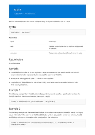 MINX
11/30/2021 • 2 minutes to read
Syntax
MINX(<table>, < expression>)
Parameters
TERM DEFINITION
table The table containing the rows for which the expression will
be evaluated.
expression The expression to be evaluated for each row of the table.
Return value
Remarks
Example 1
= MINX( FILTER(InternetSales, [SalesTerritoryKey] = 5),[Freight])
Example 2
= MINX( FILTER(InternetSales, InternetSales[SalesTerritoryKey] = 5), InternetSales[Freight] +
InternetSales[TaxAmt])
Returns the smallest value that results from evaluating an expression for each row of a table.
A smallest value.
The MINX function takes as its first argument a table, or an expression that returns a table. The second
argument contains the expression that is evaluated for each row of the table.
Blank values are skipped. TRUE/FALSE values are not supported.
This function is not supported for use in DirectQuery mode when used in calculated columns or row-
level security (RLS) rules.
The following example filters the table, InternetSales, and returns only rows for a specific sales territory. The
formula then finds the minimum value in the column, Freight.
The following example uses the same filtered table as in the previous example, but instead of merely looking up
values in the column for each row of the filtered table, the function calculates the sum of two columns, Freight
and TaxAmt, and returns the smallest value resulting from that calculation.
 