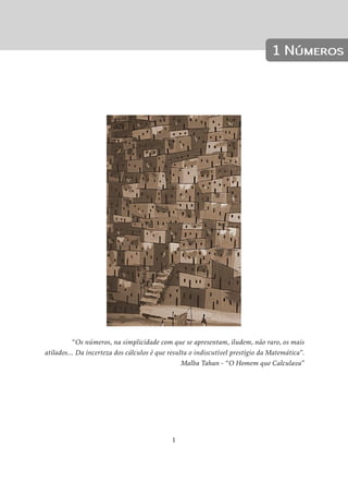1 Números 
“Os números, na simplicidade com que se apresentam, iludem, não raro, os mais 
atilados... Da incerteza dos cálculos é que resulta o indiscutível prestígio da Matemática”. 
Malba Tahan - “O Homem que Calculava” 
1 
 
