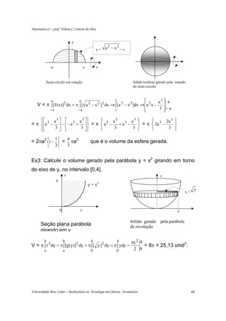 Matemática C – prof. Wilson C. Canesin da Silva


                                      y

                                                        y=   a2 − x2 = r



                 -a                            a        x



             Semi-círculo em rotação                                        Sólido (esfera) gerado pela rotação
                                                                            do semi-círculo


                 a                        a                       2                ⎡        x3 ⎤ a
    V = π ∫ [f ( x )]2 dx = π ∫ [ a 2 − x 2 ]2 dx =π ∫ [a 2 − x 2 ]dx =π⎢a 2 x −               ⎥
                 −a                       −a                      1                ⎢
                                                                                   ⎣         3 ⎥−a
                                                                                               ⎦

      ⎧⎡
      ⎪               a 3 ⎤ ⎡ 3 a 3 ⎤⎫ ⎪     ⎧ 3 a3
                                             ⎪              a3                 ⎫
                                                                               ⎪     ⎧ 3 2a 3
                                                                                     ⎪                 ⎫
                                                                                                       ⎪
= π ⎨ ⎢a 3 −              ⎥ − ⎢− a + ⎥ ⎬ = π ⎨ a −   + a3 −                    ⎬ = π ⎨ 2a −            ⎬
      ⎪⎢
      ⎩⎣
                       3⎥ ⎢
                          ⎦ ⎣       3 ⎥⎪
                                      ⎦⎭     ⎪
                                             ⎩     3         3                 ⎪
                                                                               ⎭     ⎪
                                                                                     ⎩      3          ⎪
                                                                                                       ⎭

= 2πa3 ⎧1 − ⎫ = πa3
           1   4
       ⎨     ⎬                                      que é o volume da esfera gerada.
             ⎩        3⎭          3


Ex3: Calcule o volume gerado pela parábola y = x2 girando em torno
do eixo de y, no intervalo [0,4].
                              y                                                               y
                      4
                                                   y = x2
                                                                                                               x=
                                                                                                                     y



                          0                x                                                               x

                                                                           Sólido gerado      pela parábola
      Seção plana parábola                                                 de revolução
      girando em y

         b                    b                     4              4       πy 2 4
V = π ∫ r 2 dy = π ∫ [g( y)]2 dy = π ∫ [ y ]2 dy = π ∫ ydy =                      = 8π = 25,13 unid3.
         a                    a                     0              0        2 0




Universidade Braz Cubas – Bacharelado em Tecnologia em Ciências Aeronáutica                                         48
 