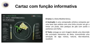 Cartaz com função informativa
O tema é a Dieta Mediterrânica.
A ilustração é uma composição artística composta por
uma base tipo ardósia com uma linha circular em giz a
imitar um prato, dois pedaços de pão com azeite e
azeitonas com folha.
O Texto conjuga-se com imagem dando uma descrição
dos principais elementos da dieta, transmitindo uma
sensação de algo rústico, natural, não-industrial,
saudável.
 