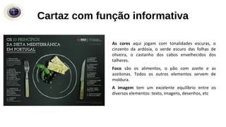 As cores aqui jogam com tonalidades escuras, o
cinzento da ardósia, o verde escuro das folhas de
oliveira, o castanho dos cabos envelhecidos dos
talheres.
Foco são os alimentos, o pão com azeite e as
azeitonas. Todos os outros elementos servem de
moldura.
A imagem tem um excelente equilíbrio entre os
diversos elementos: texto, imagens, desenhos, etc
Cartaz com função informativa
 