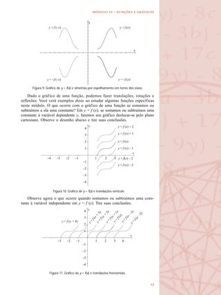 
  -   
Dado o gráfico de uma função, podemos fazer translações, rotações e
reflexões. Você verá exemplos disso ao estudar algumas funções específicas
neste módulo. O que ocorre com o gráfico de uma função se somamos ou
subtraímos a ela uma constante? Em y = f (x), se somamos ou subtraímos uma
constante à variável dependente y, faremos seu gráfico deslocar-se pelo plano
cartesiano. Observe o desenho abaixo e tire suas conclusões.
Observe agora o que ocorre quando somamos ou subtraímos uma cons-
tante à variável independente em y = f (x). Tire suas conclusões.
Figura 9. Gráfico de y = f(x) e simetrias por espelhamento em torno dos eixos.
y = f (x)y = f (–x)
y = –f (–x) y = –f (x)
Figura 10. Gráfico de y = f(x) e translações verticais.
–4 –3 –2 –1 1 2 3
4
3
2
1
–1
–2
–3
–4
y = f (x) + 2
y = f (x) + 1
y = f (x)
y = f (x) – 1
y = f(x) – 2
y = f (x) – 3
Figura 11. Gráfico de y = f(x) e translações horizontais.
–3 –2 –1 1 2 3 4
4
3
2
1
–1
–2
–3
–4
y = f (x + 4) y =
f (x +
3)
y =
f (x +
2)
y =
f (x)
y =
f (x +
1)
y =
f (x –
1)
y =
f (x –
2)
 