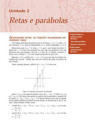 Unidade 2
Retas e parábolas
Organizadores
Antônio Carlos
Brolezzi
Elvia Mureb Sallum
Martha S. Monteiro
Elaborador
Antônio Carlos
Brolezzi
DESENHANDO RETAS: AS FUNÇÕES POLINOMIAIS DO
PRIMEIRO GRAU
Uma função polinomial de primeiro grau é da forma y = ax + b, onde a e b
são constantes, x é a variável independente, y é a variável dependente e a ≠ 0.
Observemos que, se a = 0, temos y = b, que é uma função constante. O
gráfico de y = b é uma reta horizontal, ou seja, uma reta paralela ao eixo das
abscissas, pois para qualquer valor de x, o valor de y é sempre o mesmo: b.
Nesse caso, a função y = b é uma função polinomial de grau zero.
Quando a ≠ 0, o gráfico de y = ax + b é uma reta não horizontal mas
também não vertical – lembre que uma reta vertical não pode ser gráfico de
uma função.
Vamos entender porque o gráfico de y = ax + b é uma reta.
Seja A = (xA
, yA
) um ponto do gráfico, isto é, de yA
= axA
+ b. Se B = (xB
, yB
)
e C = (xC
, yC
) são outros dois pontos do gráfico não coincidentes e distintos de
A, temos: yB
= axB
+ b e yC
= axC
+ b. É preciso observar que, em se tratando
de três pontos distintos do gráfico de uma função, as abscissas de A, B e C são
duas a duas distintas. Então, temos:
- a partir de yA
= axA
+ b e yB
= axB
+ b: yB
– yA
= a (xB
– xA
), ou seja,
a = ;
- a partir de yA
= axA
+ b e yC
= axC
+ b: yC
– yA
= a (xC
– xA
), ou seja,
a = .
Figura 14. Quaisquer três pontos são alinhados.
 