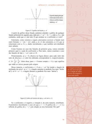 
  -   
A partir do gráfico dessa função, podemos entender o gráfico de qualquer
função polinomial do segundo grau, dada por y = ax2
+ bx + c, onde a, b e c são
constantes, sendo que a é não nulo. O que acontece se o coeficiente a é zero?
Entretanto, como veremos a seguir, precisamos escrever a função num
outro formato: y = a(x + m)2
, onde a, m e k são constantes, a ≠ 0, que se
relacionam com a, b e c, dados inicialmente, o que também será detalhado
mais adiante.
Como fizemos no caso das funções de primeiro grau, vamos entender
primeiro qual é a ação do coeficiente a. Para tanto, vamos examinar o caso
das funções do tipo y = ax2
, com a ≠ 0.
Primeiramente, se a > 0, observe na figura abaixo: para cada valor não
nulo da abscissa x, o valor da ordenada correspondente é, respectivamente,
x2
, 2x2
, x2
, x2
. Além disso, para x = 0 temos sempre x = 0, o que significa
que todas as curvas passam pela origem.
Dessa maneira, o coeficiente a > 0 em y = ax2
faz mudar o ângulo de
inclinação da curva2
: se a > 1, o ângulo aumenta (a parábola fica mais “fecha-
da”), se 0 < a < 1, o ângulo diminui (a parábola fica mais “aberta”).
Se o coeficiente a é negativo, a situação é, de certa maneira, semelhante.
Examinemos inicialmente o caso em que a = –1. O gráfico de y = –x2
é a
reflexão do gráfico de y = x2
com relação ao eixo horizontal. Por quê?
Opontodadopelopar
ordenado (0,0) deno-
mina-sevérticedapa-
rábola y = x2
Figura 21. O gráfico da função y = x2
.
2. O ângulo de inclinação
de uma curva num pon-
to é o ângulo de inclina-
ção da reta tangente à
curva nesse ponto.
Figura 22. Gráfico de funções do tipo y = ax2
com a > 0.
2x2
x2x2
x2
 