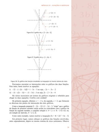 
  -   
y = 1 – |2x – 1|
y = |2x – 1|
y = –|2x – 1|
y = |1 – |2x – 1||
Precisamos encontrar as intersecções entre os gráficos das duas funções.
Para tanto, basta resolver as equações:
i) – (1 – (– (2x – 1))) = 1 – 3x – 3 ou seja, – 2x = – 3x – 2
ii) – (1 – (2x – 1)) = – (1 – 3x) – 3 ou seja, 2x – 2 = 3x – 4
Há vários raciocínios em termos de gráficos originais e rebatidos para
chegar às duas equações. Confira com cuidado!
Da primeira equação, obtemos x = – 2 e, da segunda, x = 2, que fornecem
as abscissas dos pontos de intersecção dos dois gráficos.
Como a inequação proposta |1 – |2x – 1|| ≥ |1 – 3x| – 3, “exige” que o gráfico
da função do primeiro membro esteja acima ou coincidente com o gráfico da
função do segundo membro, o conjunto solução é: S = { x ∈ R: – 2 ≤x ≤2} ou,
em notação de intervalo, S = [–2, 2].
Como outro exemplo, vamos resolver a inequação |3x + 4| < |2x2
+ 4x – 3|.
Em primeiro lugar, vamos esboçar os gráficos das funções envolvidas,
antes separadamente, depois no mesmo sistema de eixos cartesianos. Observe
Figura 36. O gráfico de y = |1 – |2x – 1||.
Figura 37. O gráfico de y = |1 – 3x| – 3
y = |1 – 3x| – 3
y = |1 – 3x|
Figura 38. Os gráficos das funções envolvidas na inequação no mesmo sistema de eixos.
 