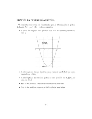 GR´AFICO DA FUNC¸ ˜AO QUADR´ATICA
Os elementos que devem ser considerados para a determina¸c˜ao do gr´aﬁco
da fun¸c˜ao f(x) = ax2
+ bc + c s˜ao os seguintes:
• A curva da fun¸c˜ao ´e uma par´abola com eixo de simetria paralelo ao
eixo y
• A interse¸c˜ao do eixo de simetria com a curva da par´abola ´e um ponto
chamado de v´ertice
• A intercepta¸c˜ao da curva do gr´aﬁco ao eixo y ocorre em (0, f(0)), ou
seja, em (0, c)
• Se a > 0 a par´abola tem concavidade voltada para cima
• Se a < 0 a par´abola tem concavidade voltada para baixo
7
 