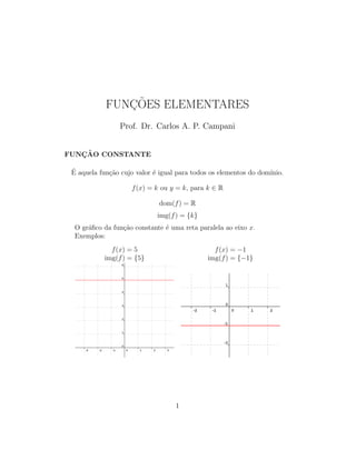 FUNC¸ ˜OES ELEMENTARES
Prof. Dr. Carlos A. P. Campani
FUNC¸ ˜AO CONSTANTE
´E aquela fun¸c˜ao cujo valor ´e igual para todos os elementos do dom´ınio.
f(x) = k ou y = k, para k ∈ R
dom(f) = R
img(f) = {k}
O gr´aﬁco da fun¸c˜ao constante ´e uma reta paralela ao eixo x.
Exemplos:
f(x) = 5 f(x) = −1
img(f) = {5} img(f) = {−1}
1
 