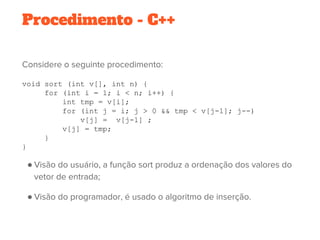 Procedimento - C++
Considere o seguinte procedimento:
void sort (int v[], int n) {
for (int i = 1; i < n; i++) {
int tmp = v[i];
for (int j = i; j > 0 && tmp < v[j-1]; j--)
v[j] = v[j-1] ;
v[j] = tmp;
}
}
● Visão do usuário, a função sort produz a ordenação dos valores do
vetor de entrada;
● Visão do programador, é usado o algoritmo de inserção.
 