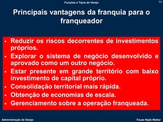 Funções e Tipos de Varejo                   53



        Principais vantagens da franquia para o
                      franqueador

     Reduzir os riscos decorrentes de investimentos
      próprios.
     Explorar o sistema de negócio desenvolvido e
      aprovado como um outro negócio.
     Estar presente em grande território com baixo
      investimento de capital próprio.
     Consolidação territorial mais rápida.
     Obtenção de economias de escala.
     Gerenciamento sobre a operação franqueada.

Administração de Varejo                               Fauze Najib Mattar
 